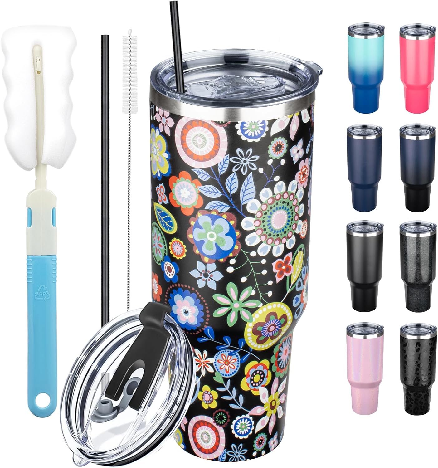 40 oz Tumbler with Lids and Straws, Stainless Steel Insulated Coffee Tumbler, Double Wall Vacuum Insulated Travel Mug Cup, Leakproof Thermal Coffee Cup for Hot and Cold Drinks (Flower)