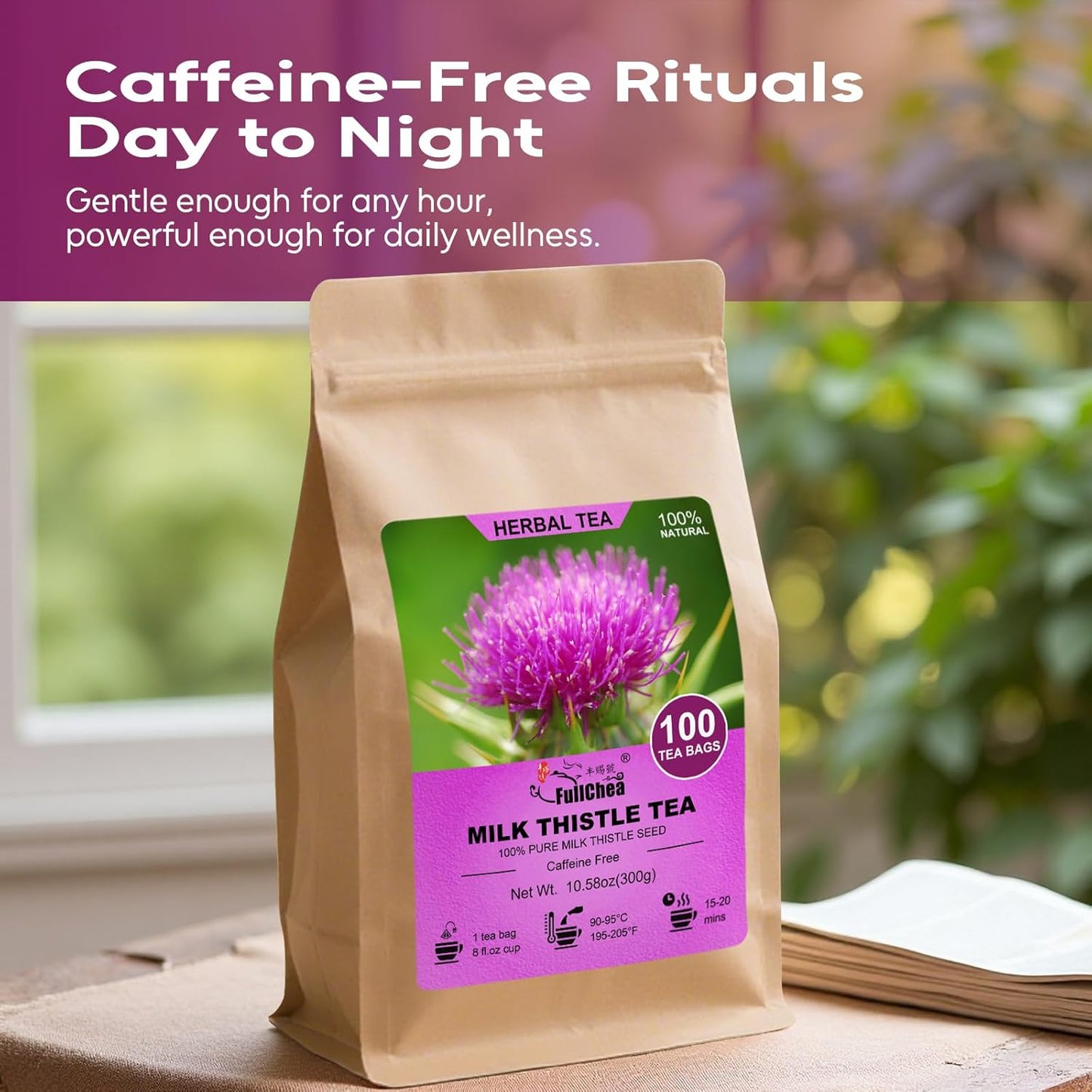 FullChea - Milk Thistle Tea Bags, 100 Count - Natural Liver Support & Detox - Premium Milk Thistle Seed - Caffeine-free Herbal Tea