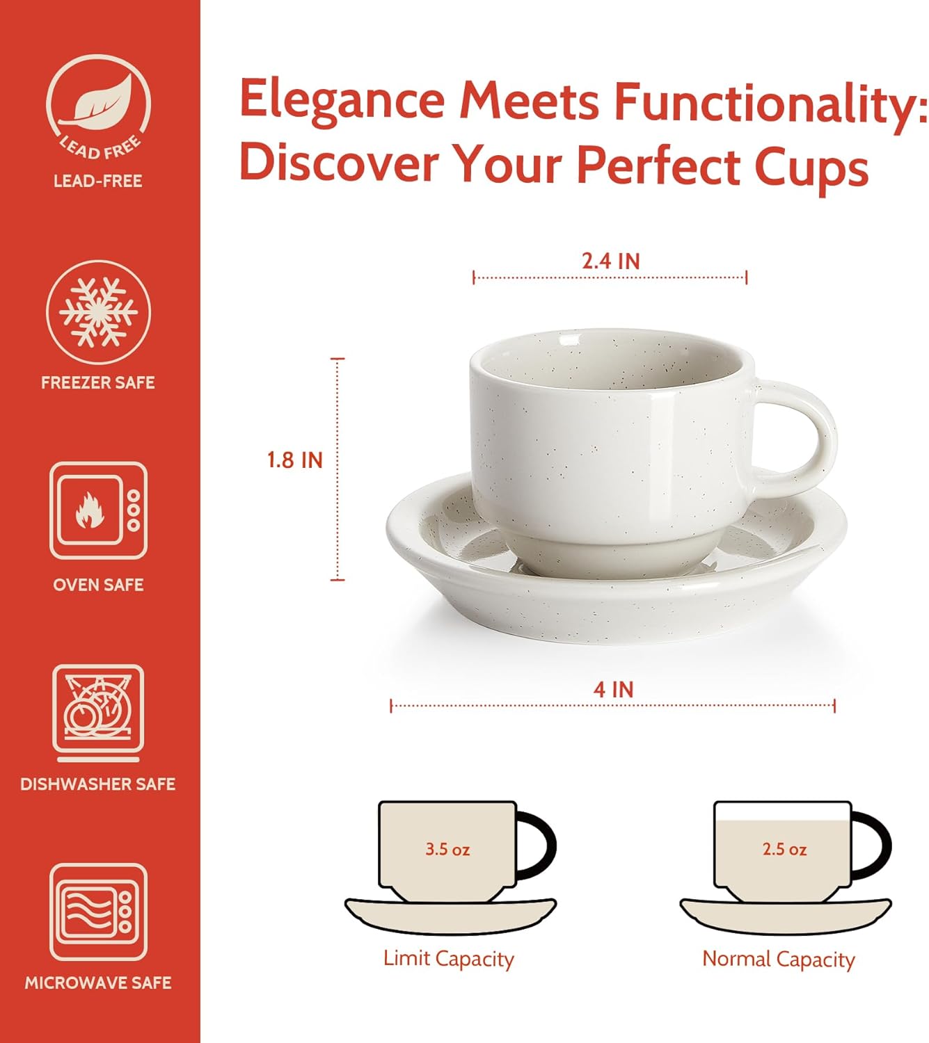 Sweese Porcelain Espresso Cups Set, 2.5 oz, with Saucers, Metal Stand, Stackable - Dove Grey, 4 Pack