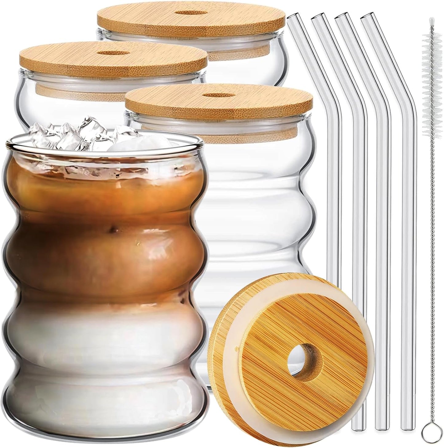 4 Pcs Drinking Glasses with Bamboo Lids and Glass Straw 14oz Glassware Set,Cocktail Glasses,Iced Coffee Glasses,Beer Glasses,Ideal for Water,Soda,Tea,Gift - with Cleaning Brushe
