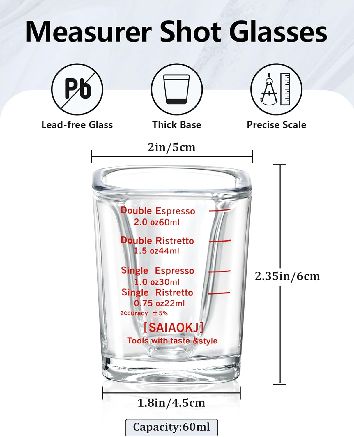Shot Glasses Measuring Cup Set 2PACK Espresso Shot Glasses Liquid Heavy Glass 2oz/60ml(Red)