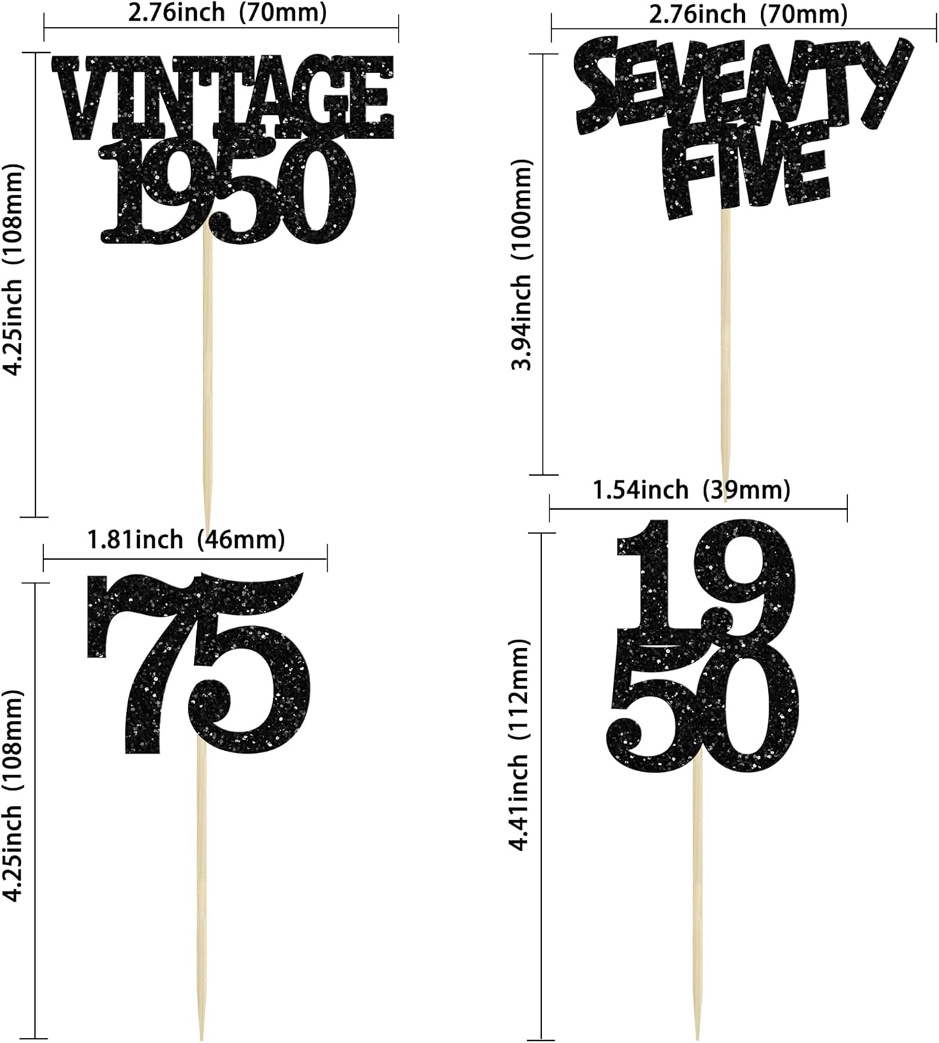 Gyufise 24Pcs Vintage 1950 Cupcake Toppers Glitter Cheers to 75 Fabulous Seventy Five Cupcake Picks 75th Birthday Wedding Anniversary Party Cake Decorations Supplies Black