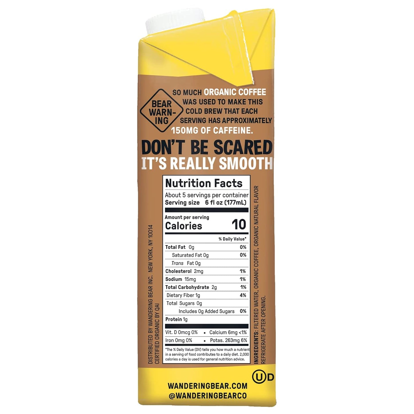 Wandering Bear Organic Caramel Cold Brew Coffee, 32 fl oz, 6 pack - Extra Strong, Bold, Smooth, Unsweetened, Shelf-Stable, Ready to Drink, Gluten Free, & Vegan, Iced Cold Brewed Coffee Drinks