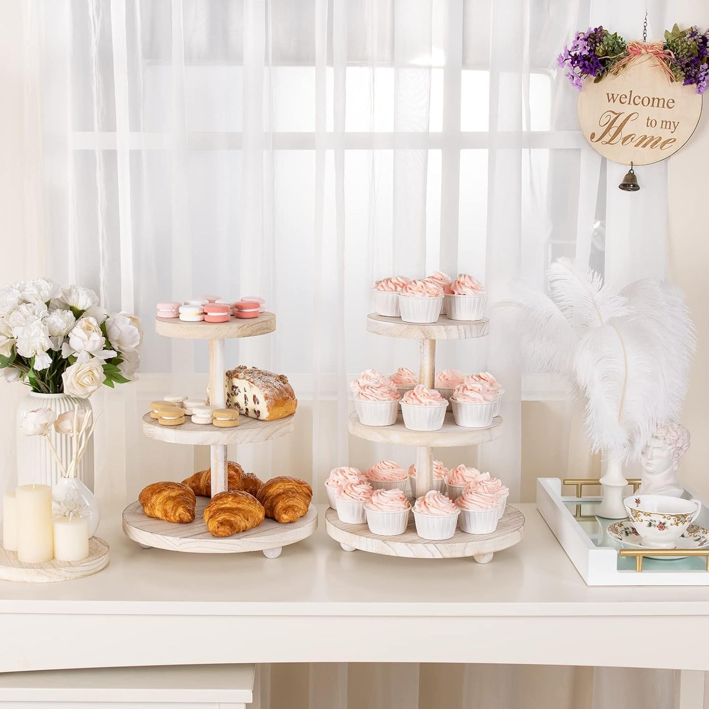 3 Tier Cupcake Stand Round,Wood Cake Stand with Tiered Tray Decor,Rustic Cake Stand for 24 Cupcakes,Cupcake Display for Home Tea Party, Birthday, Wedding, Farmhouse Decor