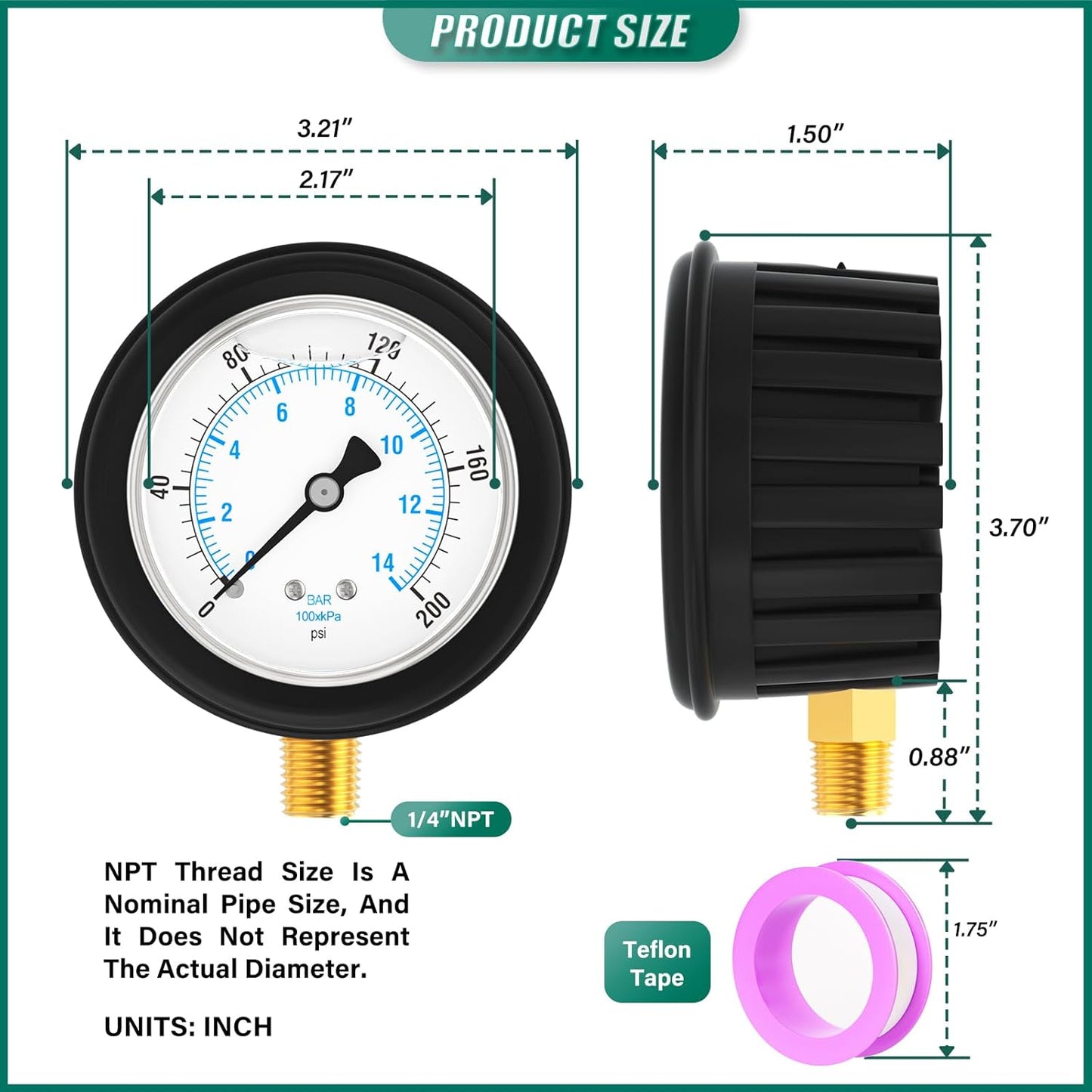 0-100PSI Stainless Steel Liquid Filled Pressure Gauge, 2.5" Dial Size, 1/4" NPT Lower Mount, with Rubber Protective Sleeve, for Tube, Water Pump, Gas, Liquid, Pressure Test