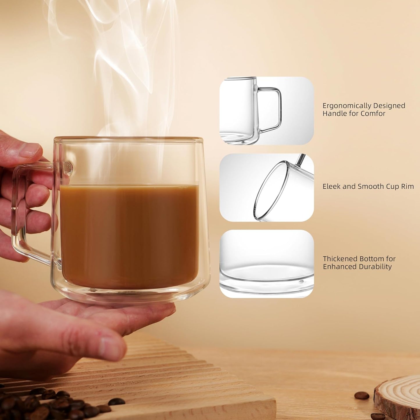 CNGLASS 15oz(4-pack) Double Walled Glass Coffee Mugs,Large Insulated Glass Mugs with Handle,Clear Coffee Cups for Espresso,Latte,Cappuccino,Tea