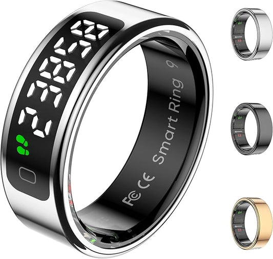 Smart Ring Health Tracker with Display Screen, Sleep Tracker with Heart Rate, Fitness Ring Step Tracker for Activity Monitoring/Steps/Calories,Wireless Charging, for iOS Android (Silver,10#)