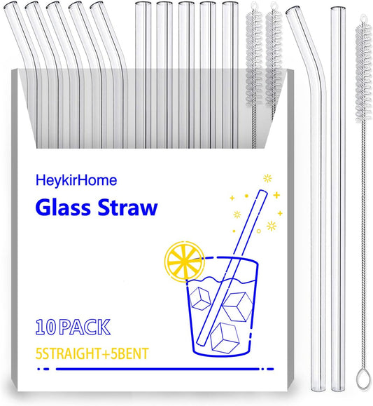 10-Pack Reusable Glass Straw,Size 8.5''x10 MM,Including 5 Straight and 5 Bent with 2 Cleaning Brush- Perfect For Smoothies, Tea, Juice
