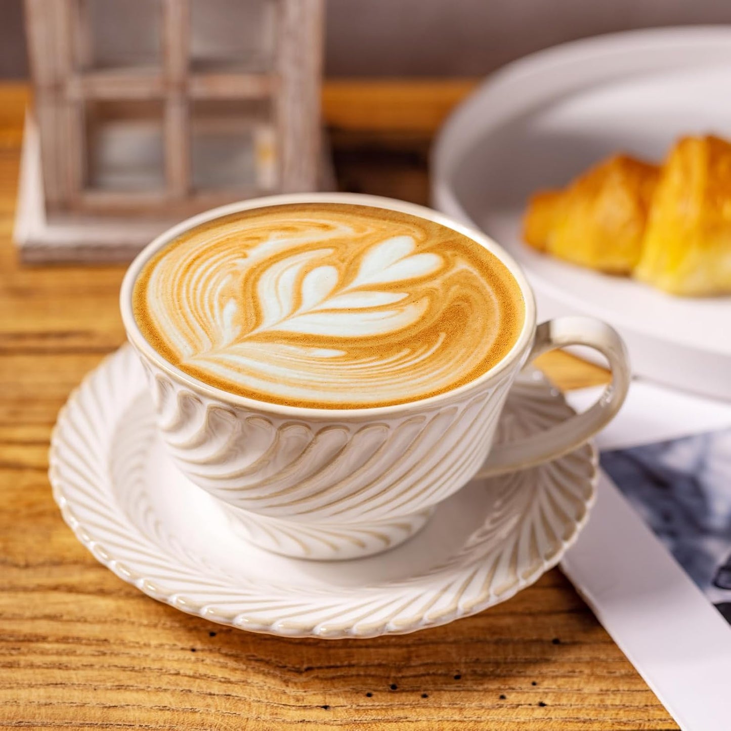 Ceramic Latte Cup with Saucer, 12 OZ Cappuccino Cup Vintage Cafe Art Cups for Espresso Turkish Coffee, Farmhouse Latte Mugs Tea Cups and Saucers Porcelain Set for Baristas Great Gift