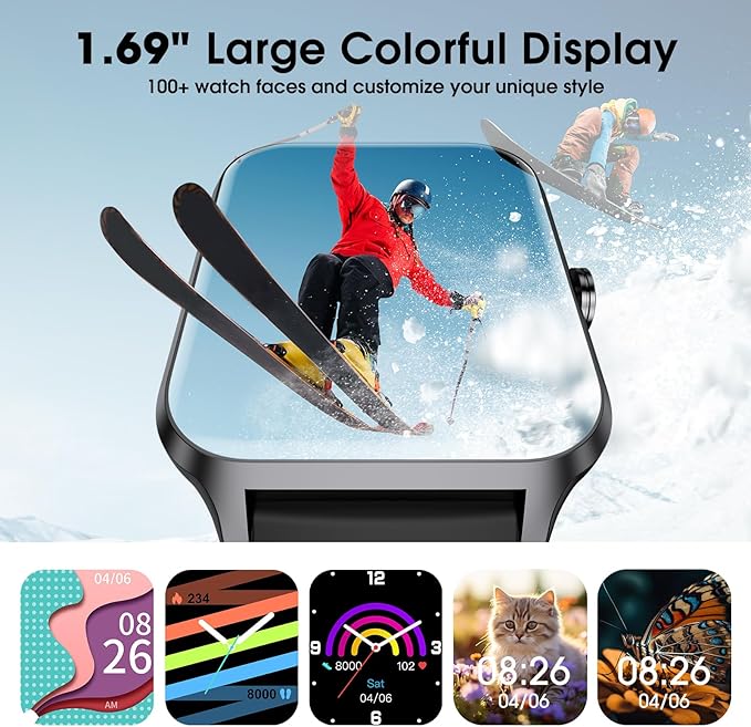 Smart Watch(Answer/Make Call), 1.69" Fitness Tracker with Heart Rate Blood Oxygen Monitor, Sleep Monitor Health Tracker, 100+ Sports Modes, Step Counter, IP68 Waterproof Fitness Watch for Android iOS