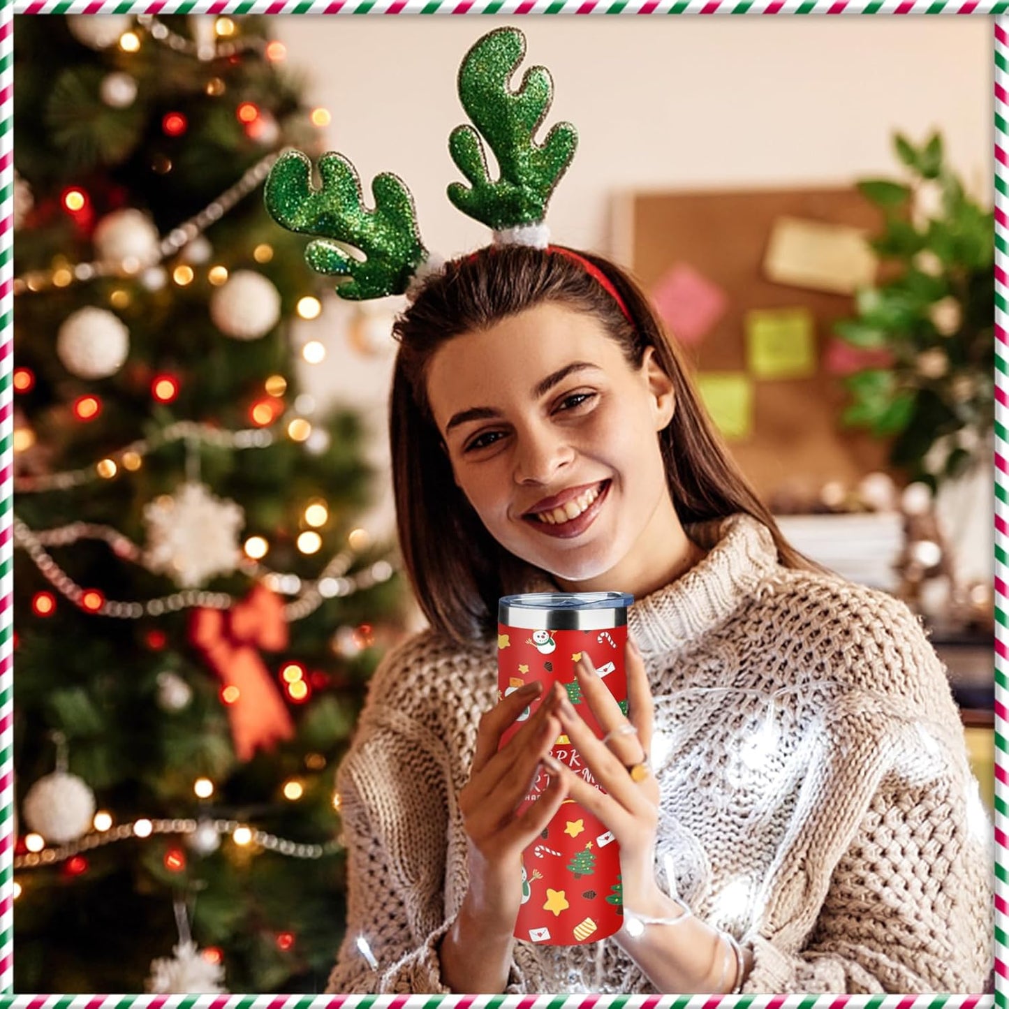 20oz Christmas Skinny Tumbler with Lid and Straw,Stainless Steel Vacuum Insulated Tumbler Cup Double Wall Travel Coffee Mug Christmas Gifts for Women Men(Xmas Elements,2)