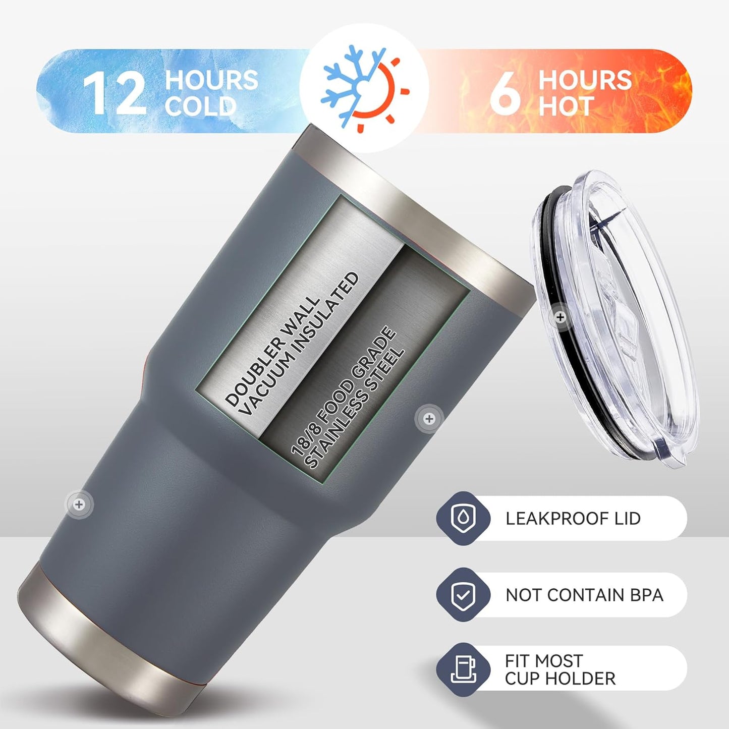 30 oz Tumbler with Lid Stainless Steel Tumblers Bulk Vacuum Insulated Cup Reusable Powder Coated Travel Mug Double Wall Leak Proof Cups Keep Cold Drinks for 12 Hours Gray, Set of 8