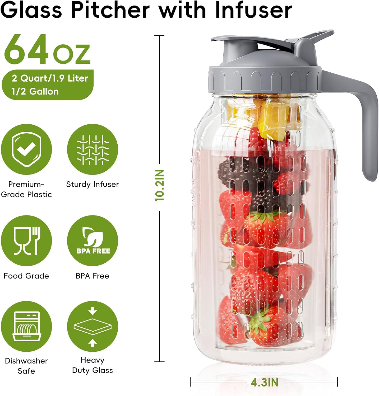 Fruit Infuser Water Pitcher,Glass Mason Jar Pitcher,64oz(2 Quart) Wide Mouth Jug with Pour Spout Handle Lid for Fruit Drinks,Cold Brew Coffee,Ice Beverage,Iced Juice,Lemonade,Sun Tea Container