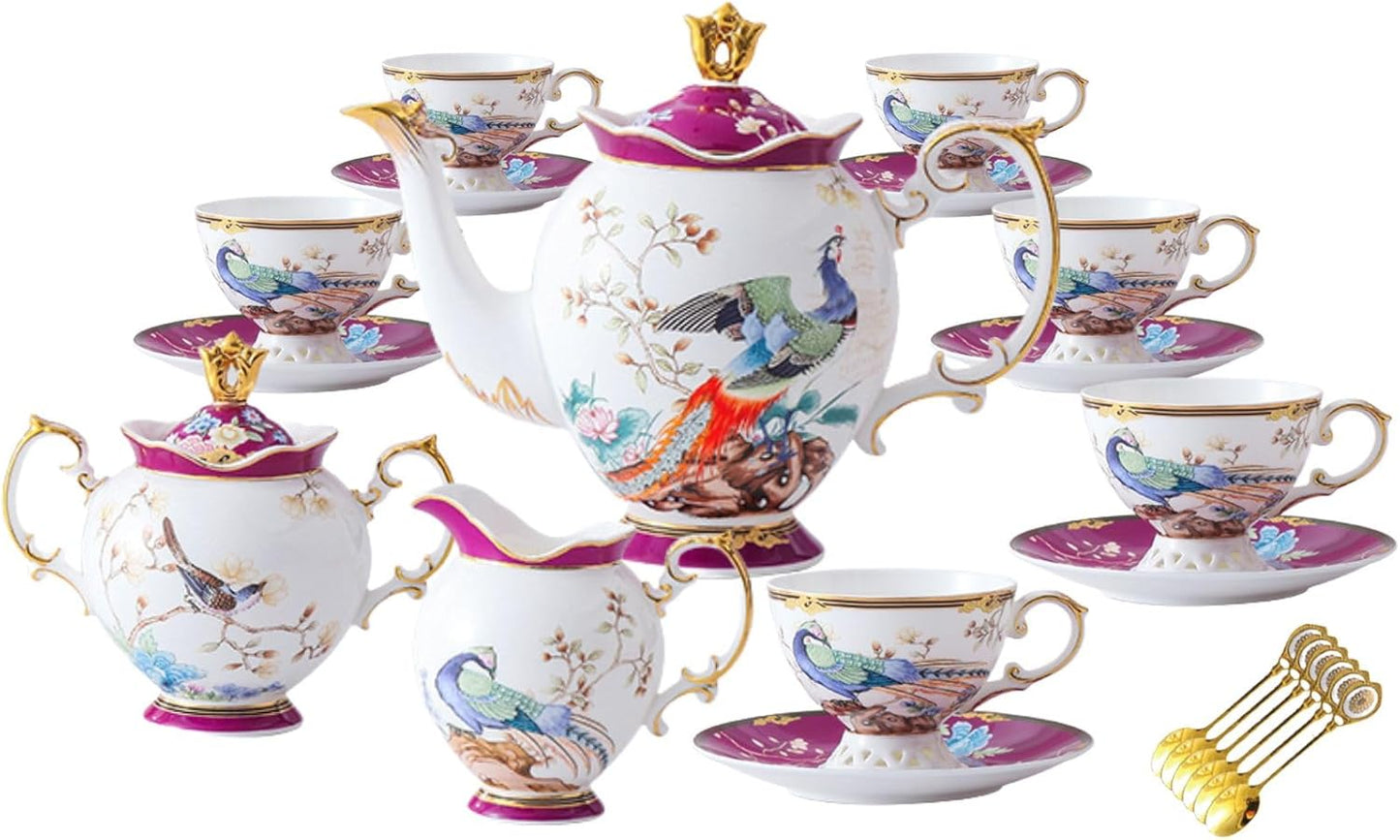 ACMLIFE Fine Bone China Tea Set for Adults with Teapot, Porcelain Tea Sets 21-Piece Vintage Floral English Tea Set for 6, China Tea Sets 24K Gold Bone China Tea Pot and Cups Set Gifts for Women