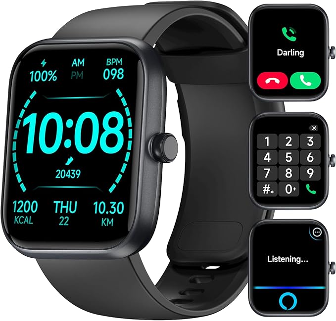 Smart Watch Large Display, Compatible with Android 6.0+/ iOS 9.0+, Smart Watches for Women with Clear Bluetooth Calls, Health/Sleep/Fitness Tracker Watch, Waterproof Smart Watches for Men (Black)