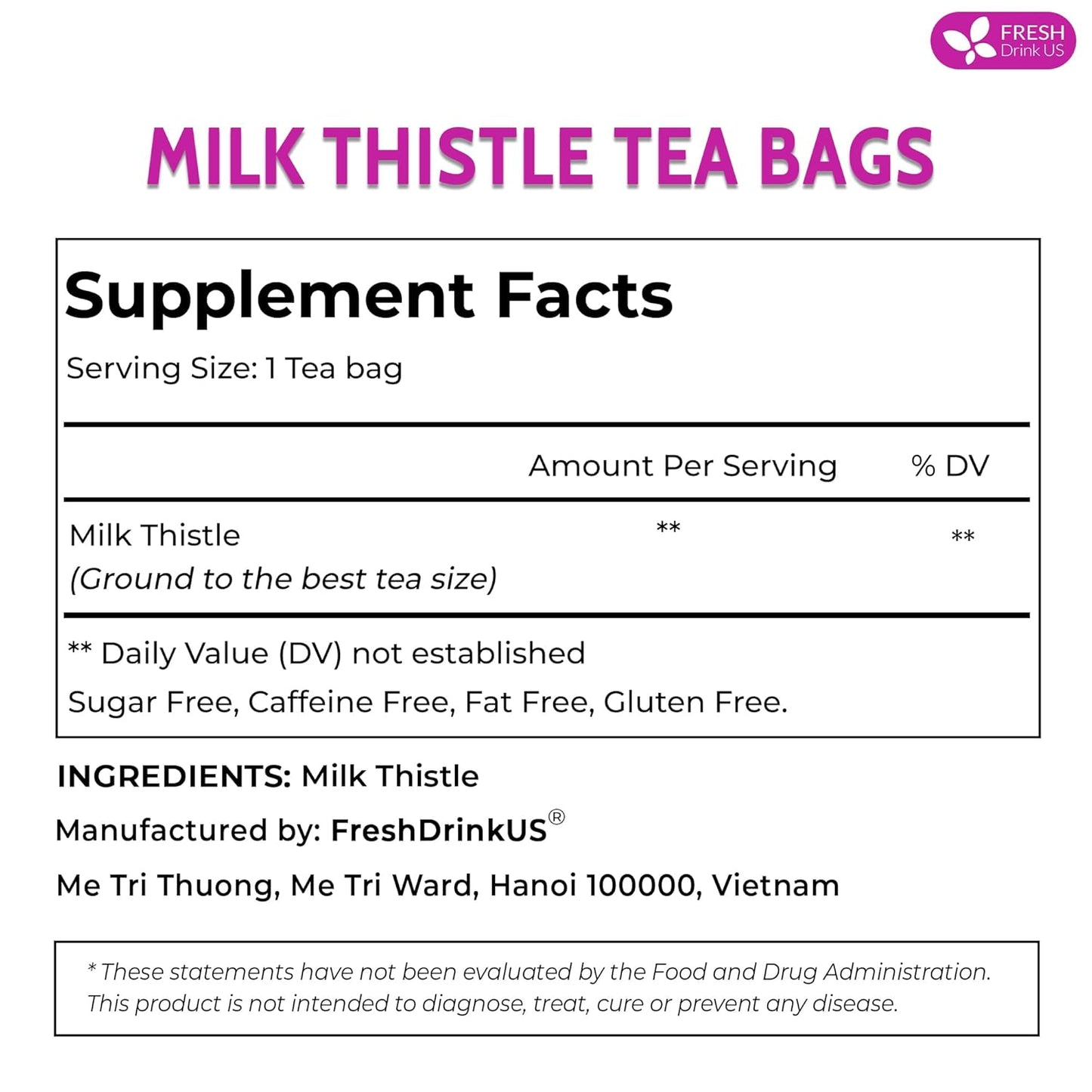 FreshDrinkUS, Premium 75 Milk Thistle Tea Bags, 100% Natural & Pure from Milk Thistle Seeds. Milk Thistle Seed Herbal Tea. Made with Natural Material Tea Bags. No Sugar, No Caffeine, No Gluten, Vegan.