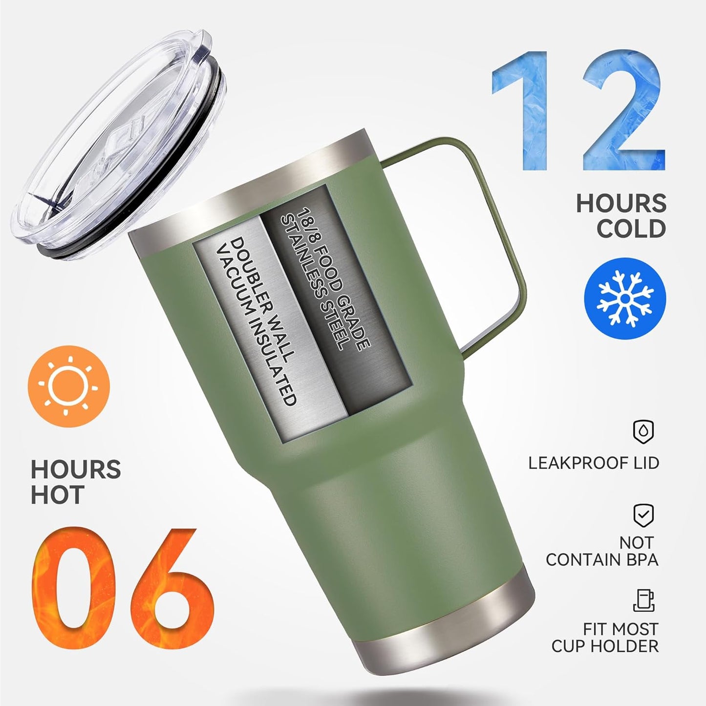 30 oz Tumbler with Handle and Lid, Stainless Steel Tumblers Bulk Double Wall Vacuum Insulated Travel Mug Leak Proof Cup Keep Drinks Cold and Hot Army Green, 8 Pack