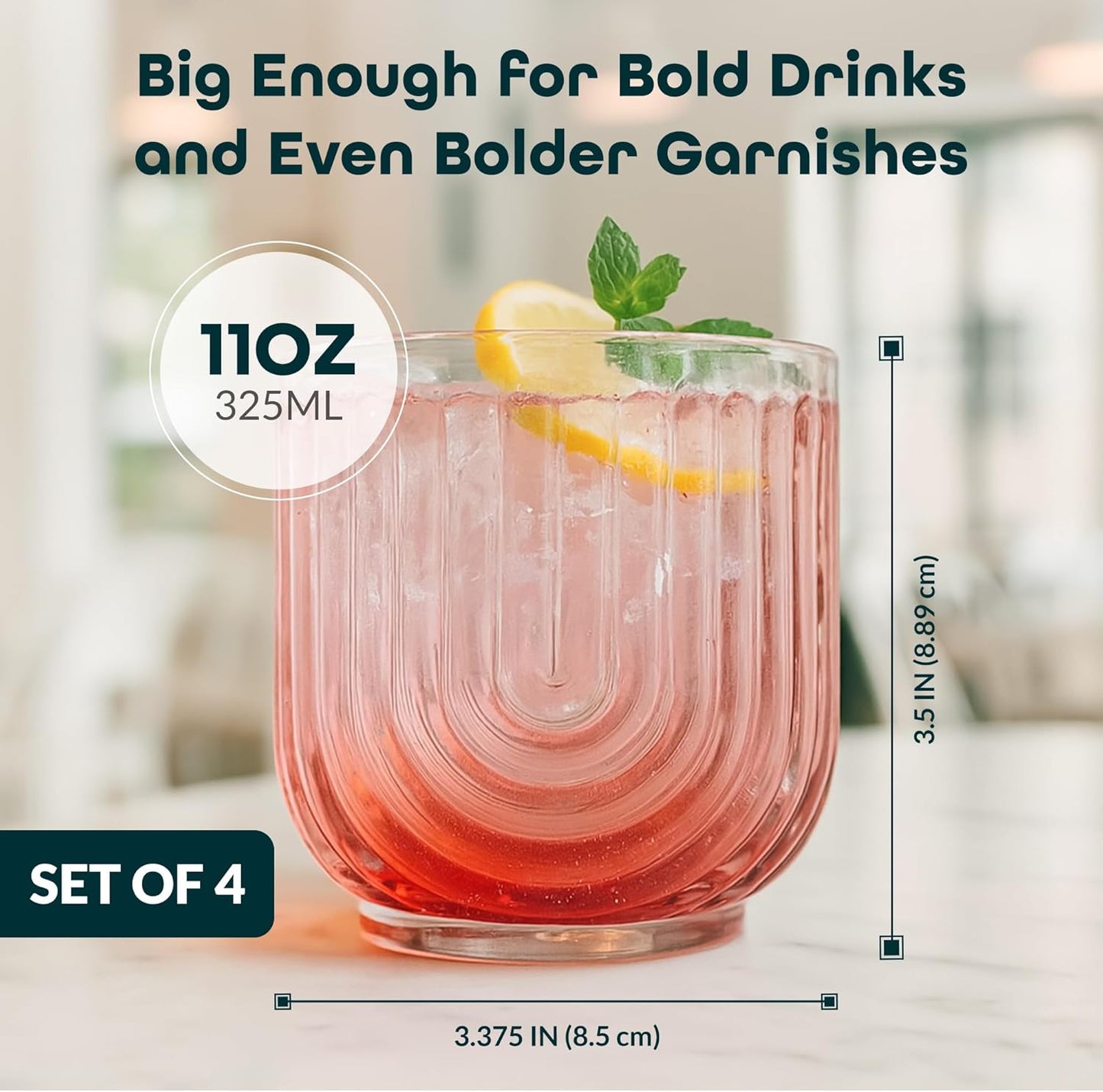 Glaver's Double Old Fashioned Rock Glasses, Set of 4 Blush Pink Whiskey Glasses, 11 oz Art Deco U-Shape Design Embossed Everyday Home Bar Glassware.