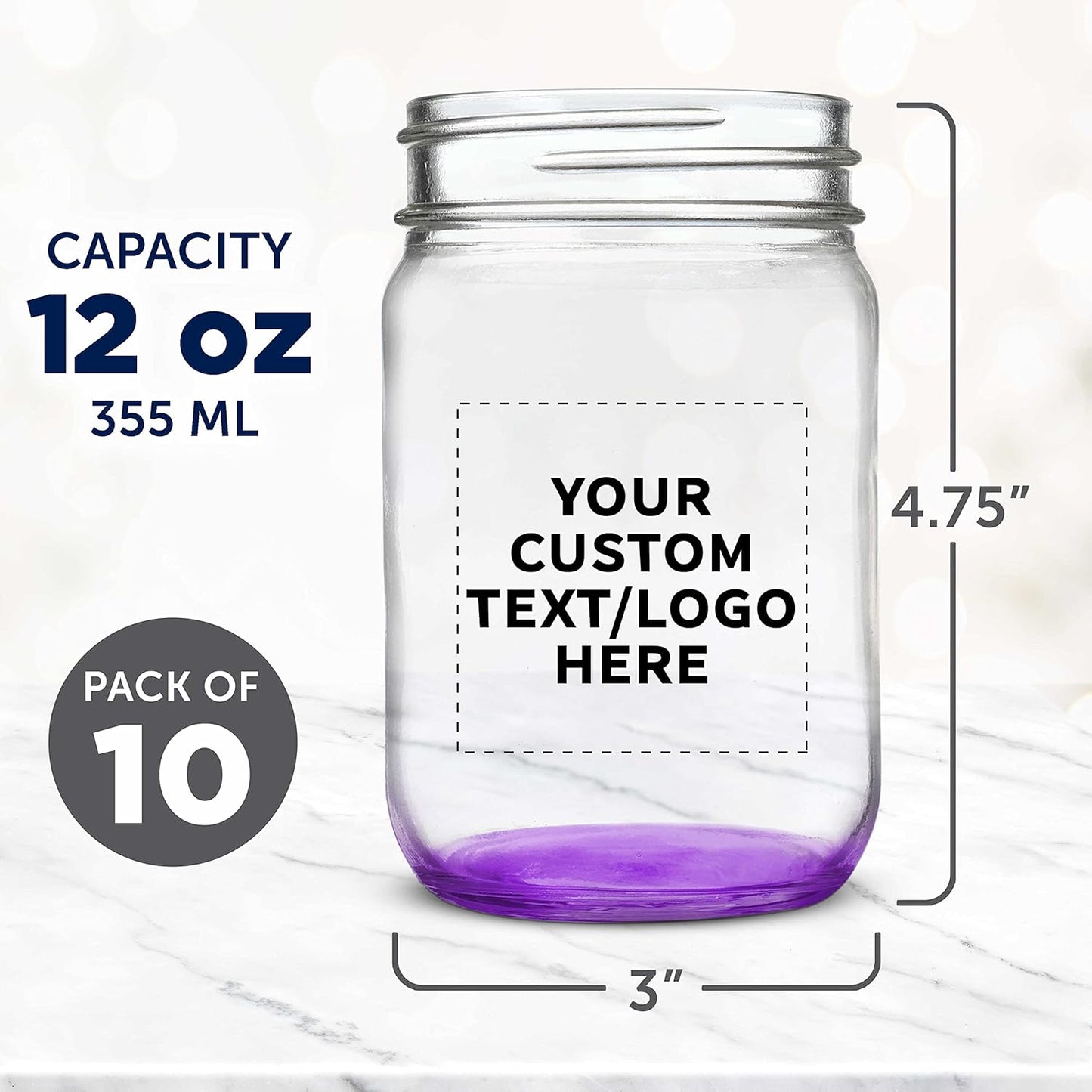 DISCOUNT PROMOS Custom Decorating Mason Jars 12 oz. Set of 10, Personalized Bulk Pack - Glass Jars for Overnight Oats, Candies, Fruits, Pickles, Spices, Beverages - Purple