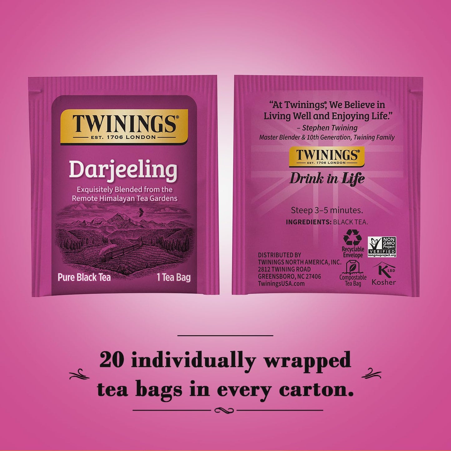 Twinings Darjeeling Tea - Caffeinated Black Tea Bags Individually Wrapped, 20 Count