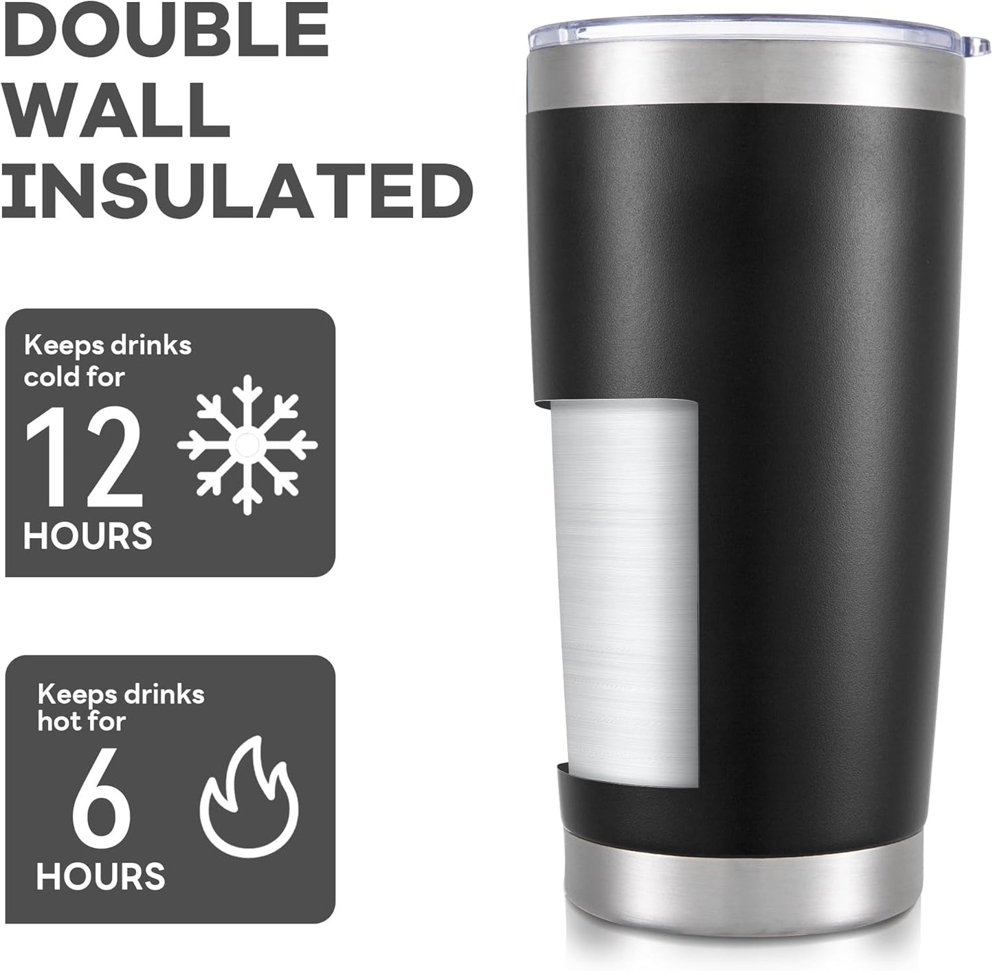 20 oz Tumbler with Lid Stainless Steel Insulated Tumblers Bulk Double Wall Vacuum Cups Powder Coated Travel Mug Keep Drink Cold and Hot, Black, 8 Pack
