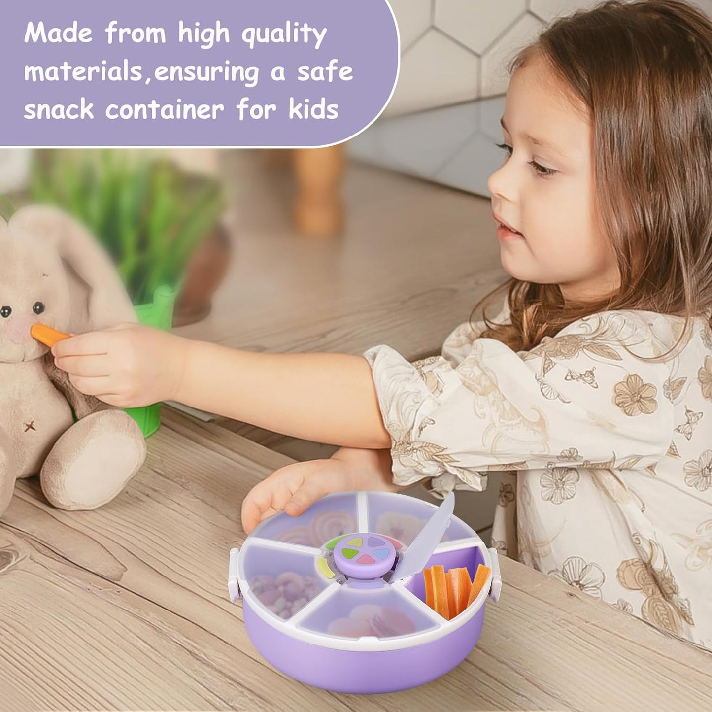 Kids Reusable Rotating Snack Container with 5 Separate Compartments, Color Matching Opening Lid, BPA/PVC-Free, Dishwasher Safe, Perfect for Travel, School Lunches & On-the-Go Snacking-Purple