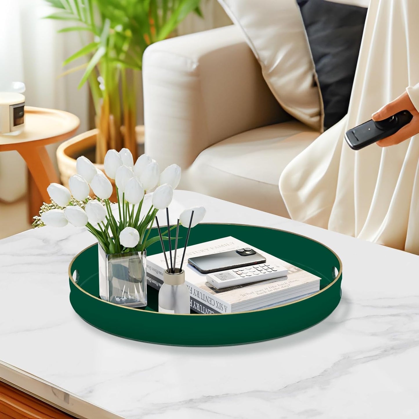 MAONAME Dark Green Decorative Tray, 13" Round Serving Tray with Handles, Plastic Trays for Coffee Table, Modern Ottoman Trays for Living Room, Bedroom