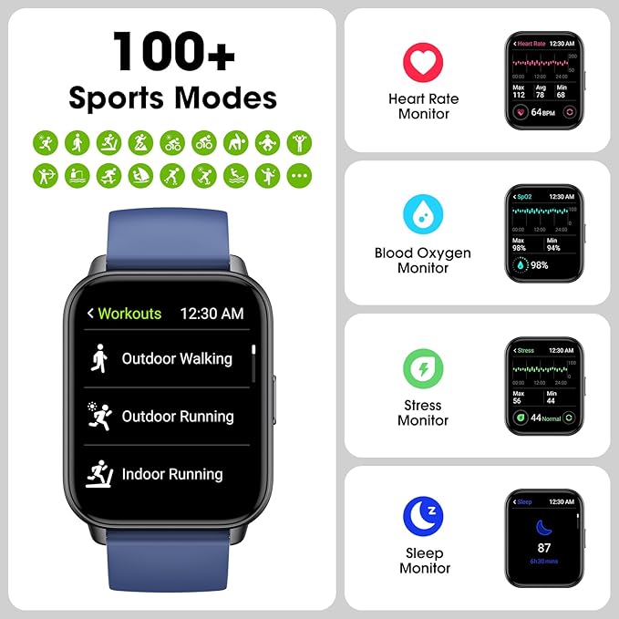 Smart Watch for Men Women, 1.91'' Big Font No App/Phone Required, Fitness Tracker with Pedometer, Bluetooth Call (Answer/Make Call), Heart Rate Blood Oxygen Monitor Step Counter, 100+ Sports Modes