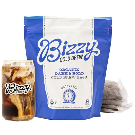 Bizzy Organic Cold Brew Coffee | Dark & Bold Blend | Coarse Ground Coffee | Dark Roast | Micro Sifted | Specialty Grade | 100% Arabica | Brew Bags | 4 Count | Makes 14 Cups