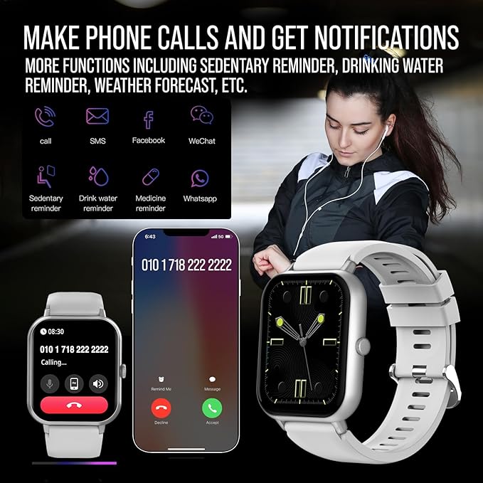 Smart Watch (Answer/Make Calls) 1.83" Fitness Tracker Heart Rate Blood Pressure Oxygen Sleep Monitor 200 Sport Modes Step Calories Trackers IP67 Waterproof Android iPhone Women Men (Silver)