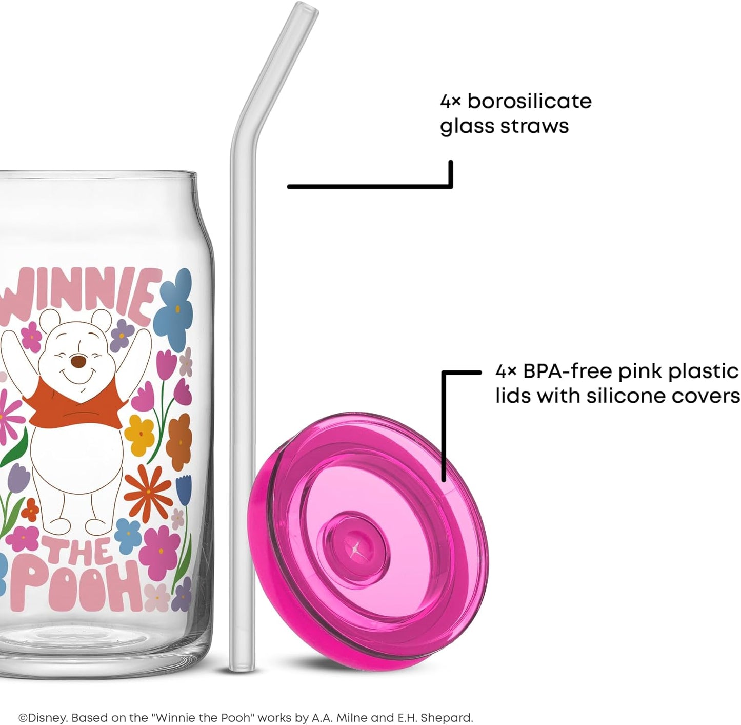 JoyJolt Disney Winnie the Pooh & Friends Flower Power Glass Tumblers with Lids and Straws, 16oz Glass Cups with Lids and Straws, Can Shaped Drinking Glasses Set of 4, Disney Gifts for Adults