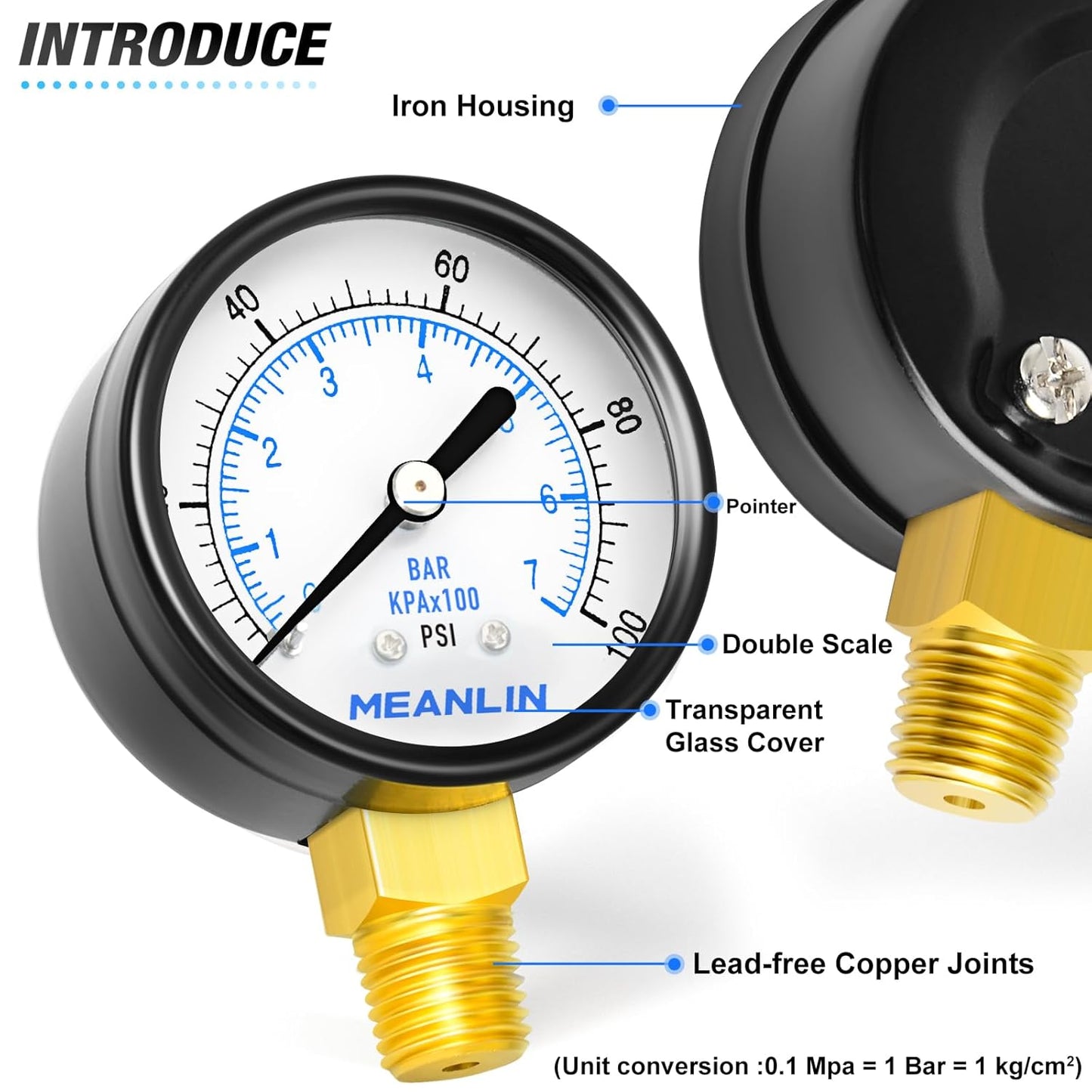 MEANLIN MEASURE 0-100Psi Well Pump Pressure Gauge 2" FACE DIAL 1/4" NPT for Well Pump Water Tire Water Pressure Tester Lower Mount, with Teflon Tape