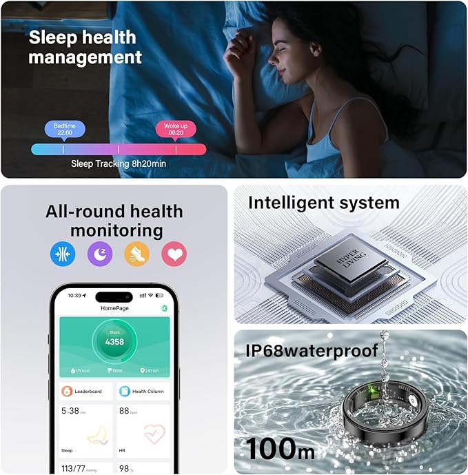 Smart Ring Health Tracker, Fitness Sleep & Heart Rate Monitor Tracker Smart Ring, Waterproof Bluetooth Fitness Tracker Ring IPX68 Waterproof (Silver, 11)
