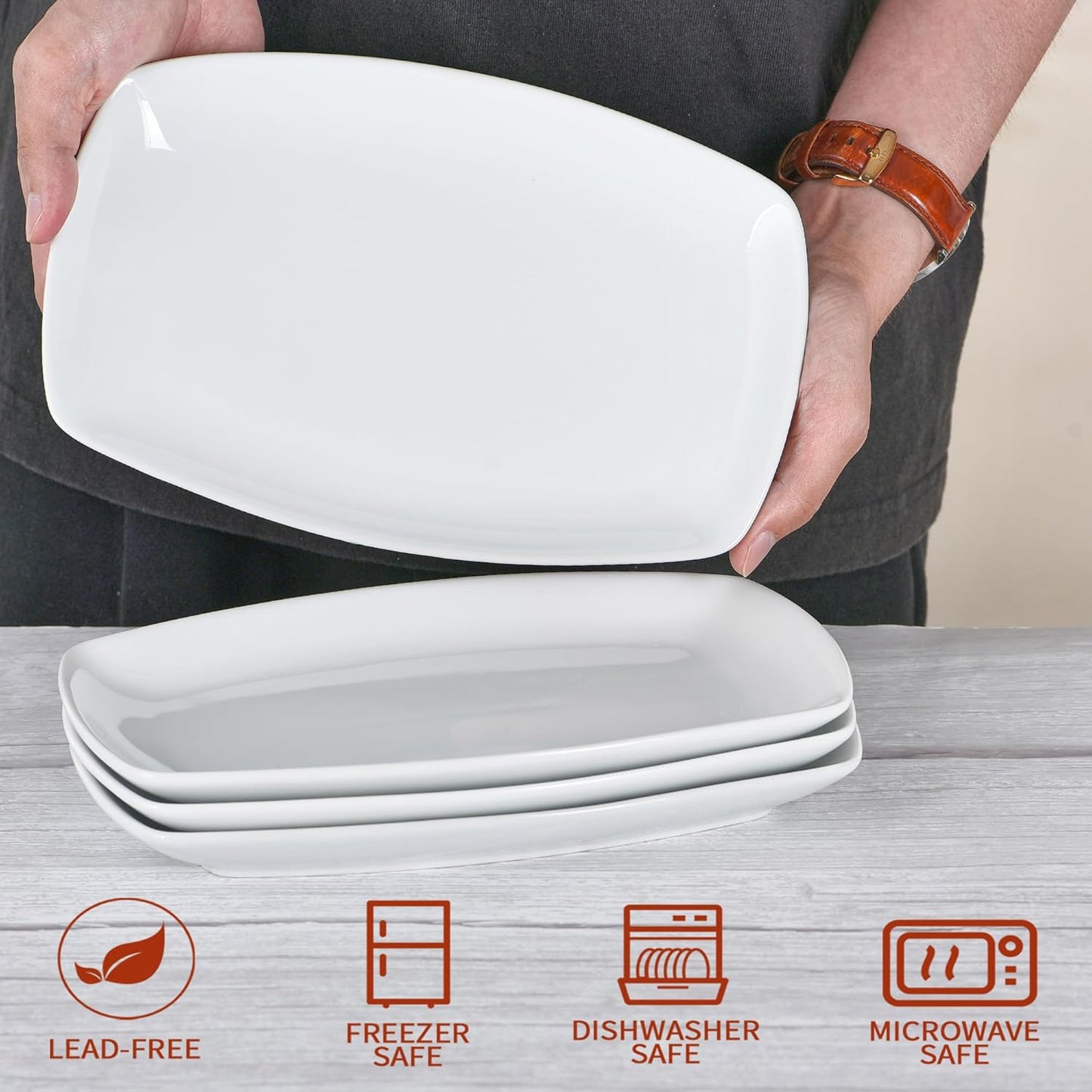 Ceramic Serving Platter Set, 4 Pcs 10 inch Rectangular Serving Tray for Entertaining at Parties and Weddings, White Platter Rectangular Dishes Dinner Plates for Appetizer Meat Bread Dessert and Sushi