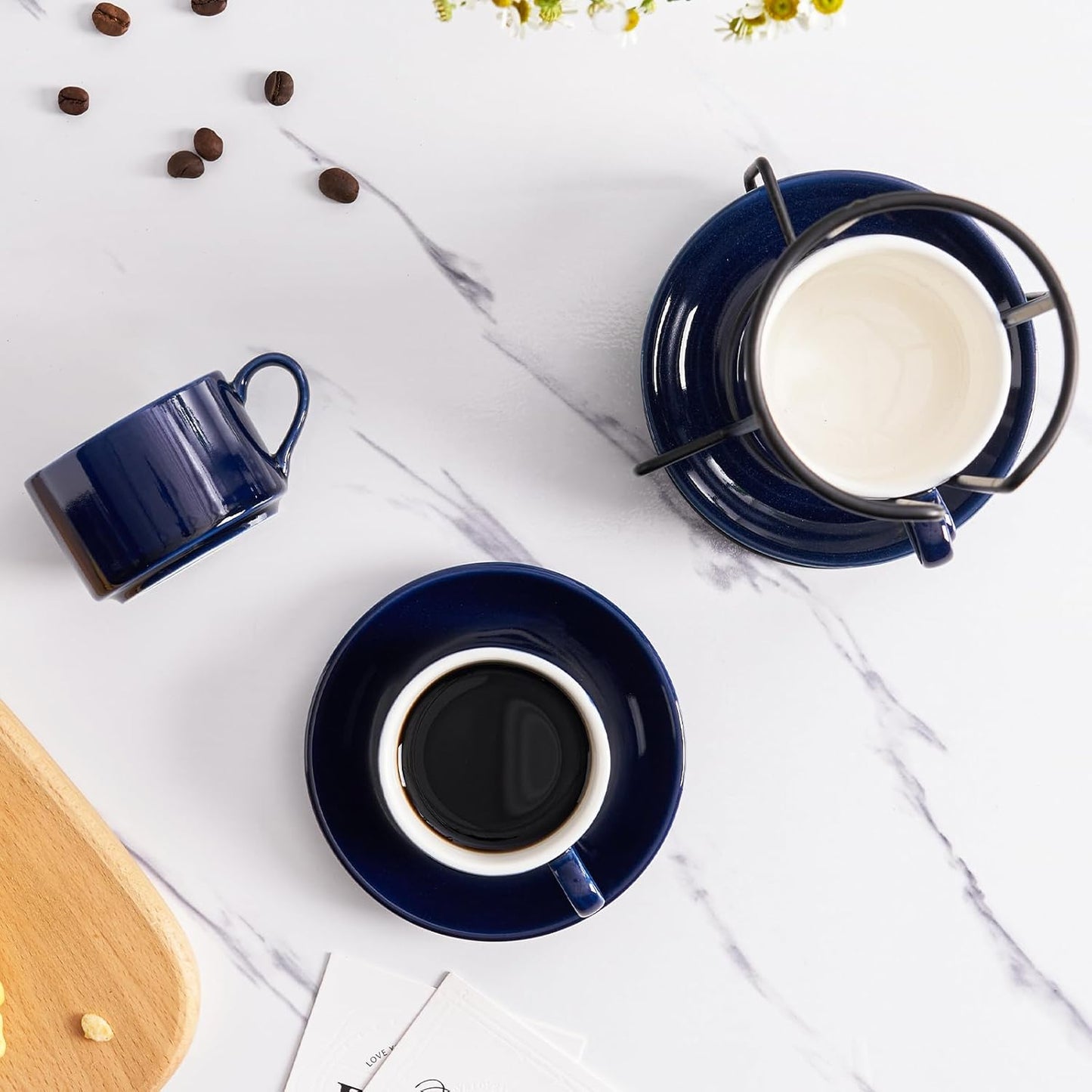 8oz Porcelain Stackable Cappuccino Cups with Saucers and Metal Stand Set of 4, Coffee Cups for Espresso, Specialty Coffee Drinks, Latte, Americano and Tea - Blue