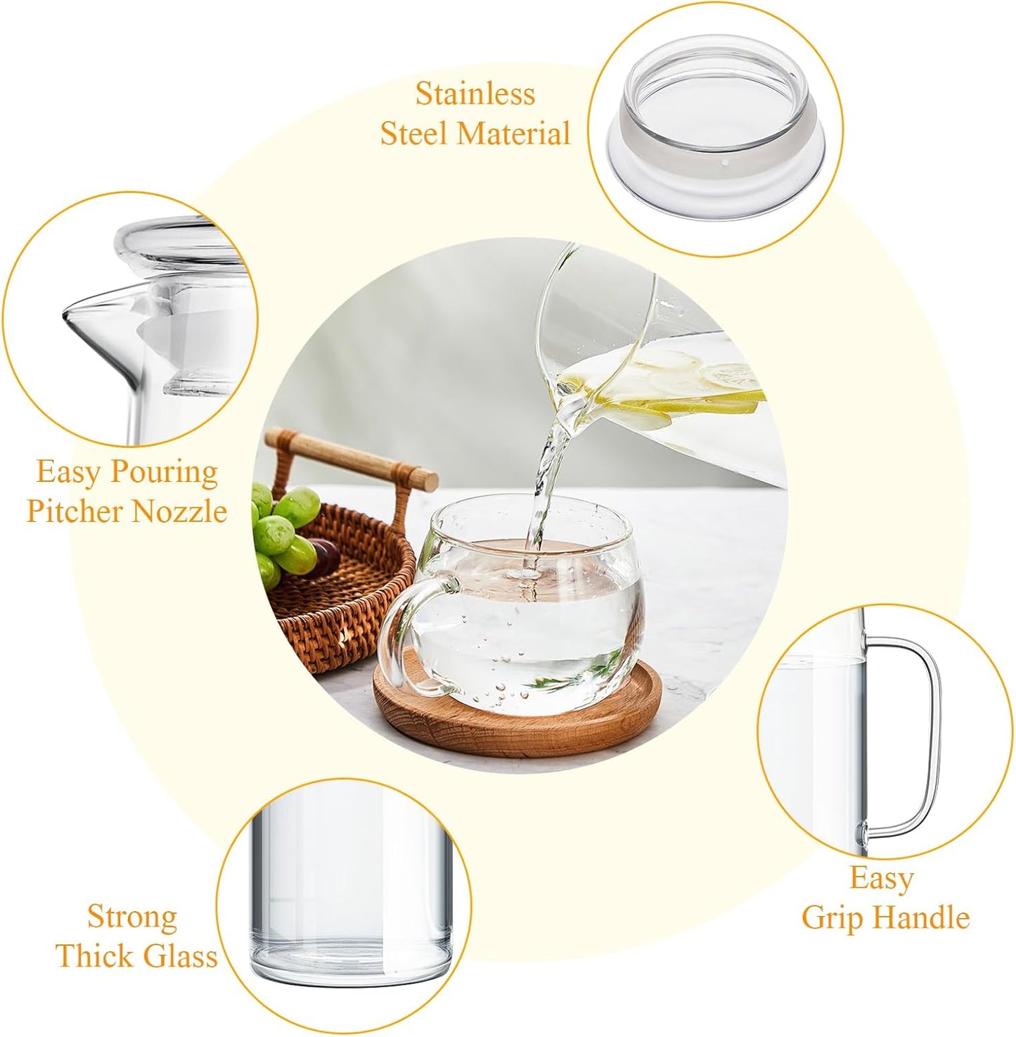Hsei 2 Sets Glass Pitcher with Lid, 50 oz / 1500 ml Water Carafe with Handles Hot Cold Beverage Water Jar Glass Jug for Tea Juice Milk Coffee Iced Beverage (Glass Lid)