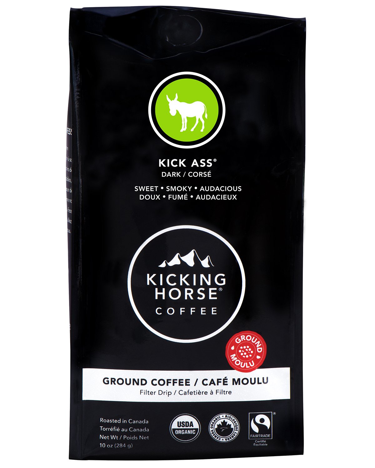 Kicking Horse Coffee Kick Ass Dark Roast Ground (10 Oz) and Smart Ass Medium Roast Whole Bean (10 oz) Bundle