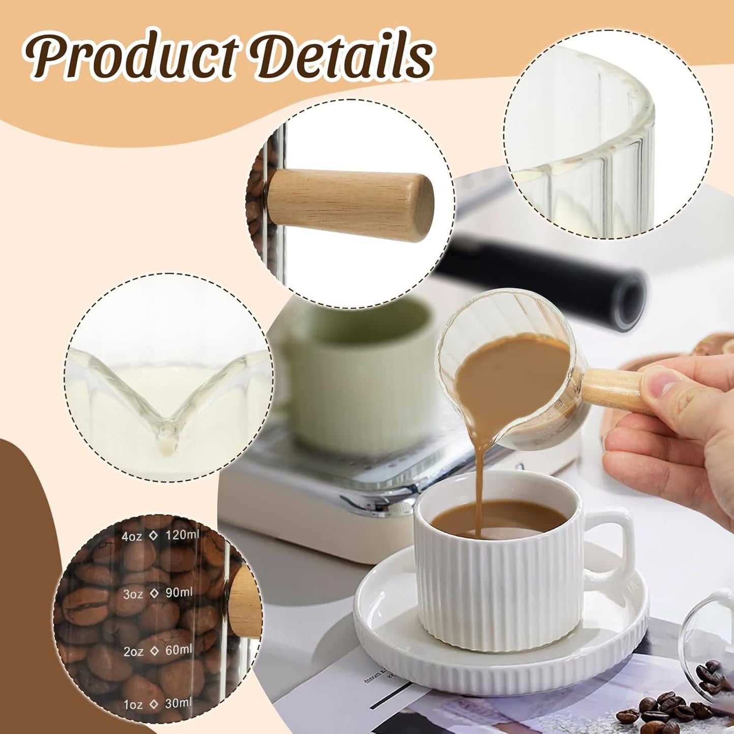 Espresso Cups Set of 2, 4 OZ Espresso Shot Glass with Handle V-Shaped Mouth, Ribbed Milk Frothing Pitcher, Glass Measuring Cup,Cappuccino Cup, Coffee Bar Accessories (Clear)