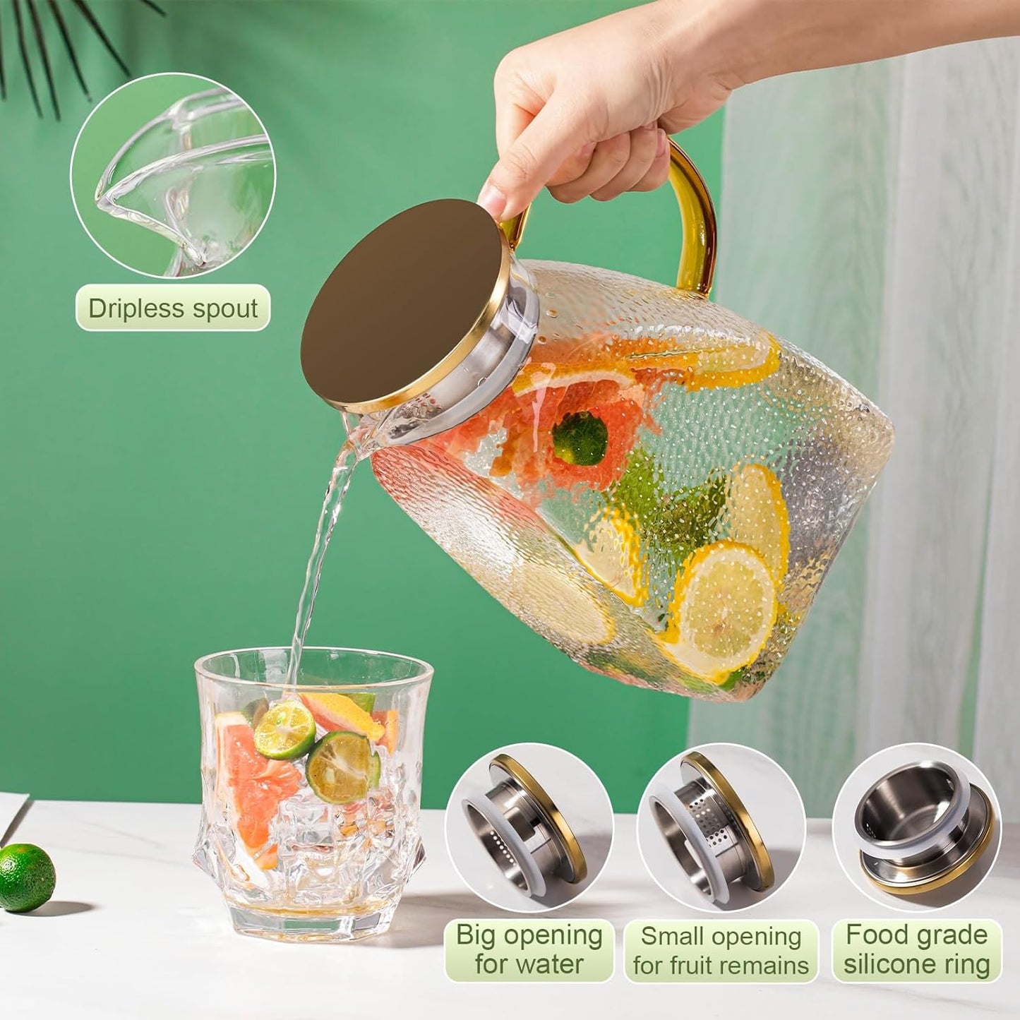 Glass Pitcher With Lid and Spout, 1.8 Liter 60 oz Glass Pitchers With Handle And Lid, Jug Water Pitchers For Fridge, Carafe Jar for Hot/Cold Water Iced Tea Juice Coffee Milk Beverage