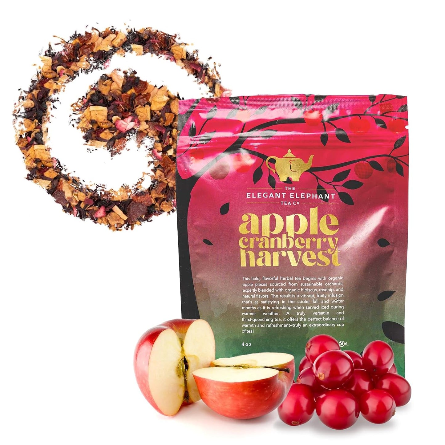 Apple Cranberry Harvest Tea, Organic Loose Leaf Herbal Tea – Real Fruit, Summer Juice, Caffeine-Free, Refreshing Sweet Iced Drink – 4 oz Resealable Bag (Makes 50 Cups)