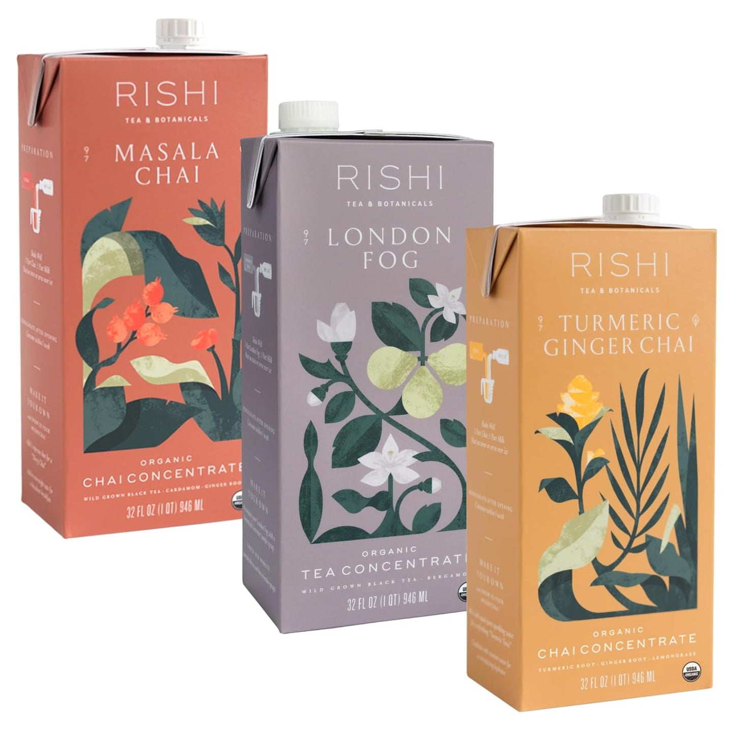 Rishi Tea Latte Concentrate Beverage Variety Pack - Organic, Black and Caffeine-Free Chai Latte & London Fog Latte Sampler, Easy-to-Serve Hot or Iced - 32 fl oz Carton, 8 Servings (Pack of 3)