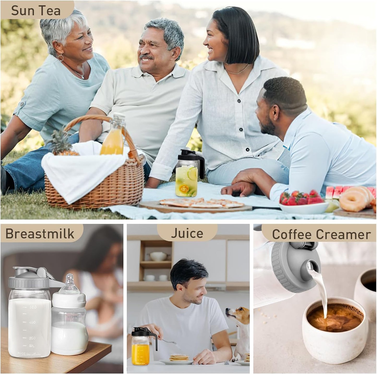 Breast Milk Pitcher Mason Jar - 2Pack Easy Pouring 32oz Airtight Glass Jar with Pour Spout Lid, Classic Wide Mouth Jug Easy to Clean, Ideal for Coffee & Creamer, Iced & Sun Tea, Juices