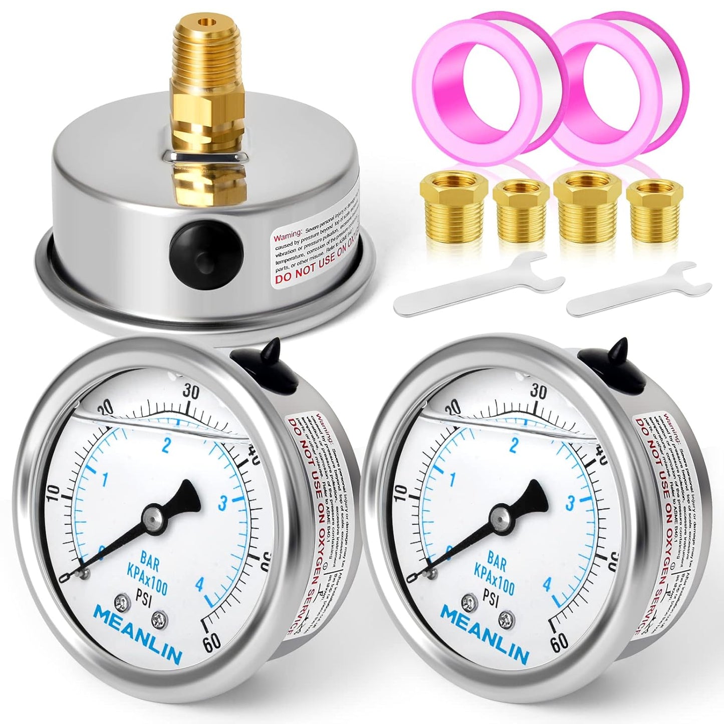 MEANLIN MEASURE 0~60Psi Stainless Steel 1/4" NPT 2.5" FACE DIAL,Liquid Filled Pressure Gauge,Pool Sand Filter Pressure Test Back Mount(Pack of 2) with 1/4" x 1/2" NPT and 1/4" x 3/8" NPT Hex Bushing