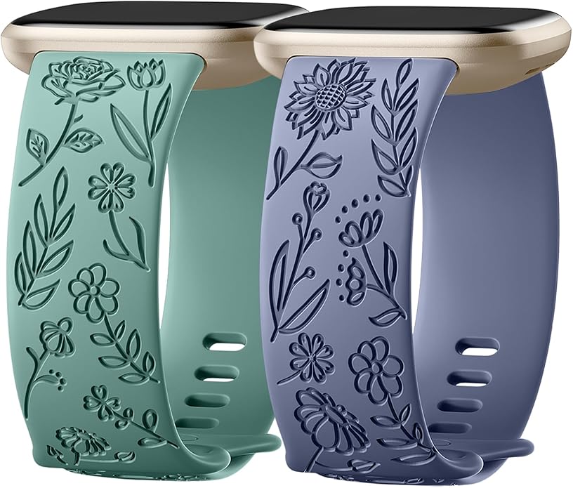 SNBLK 2 Pack Engraved Bands Only Compatible with Fitbit Versa 3/Fitbit Sense/Fitbit Versa 4/Fitbit Sense 2 Bands Four Models, Sunflower Rose Elegant Soft TPU Floral Pattern Replacement Strap Women