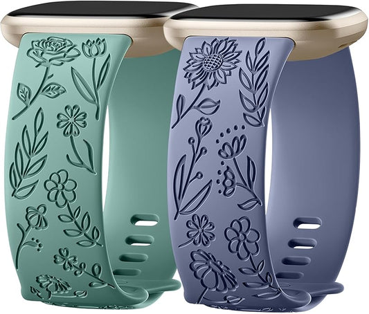 SNBLK 2 Pack Engraved Bands Only Compatible with Fitbit Versa 3/Fitbit Sense/Fitbit Versa 4/Fitbit Sense 2 Bands Four Models, Sunflower Rose Elegant Soft TPU Floral Pattern Replacement Strap Women