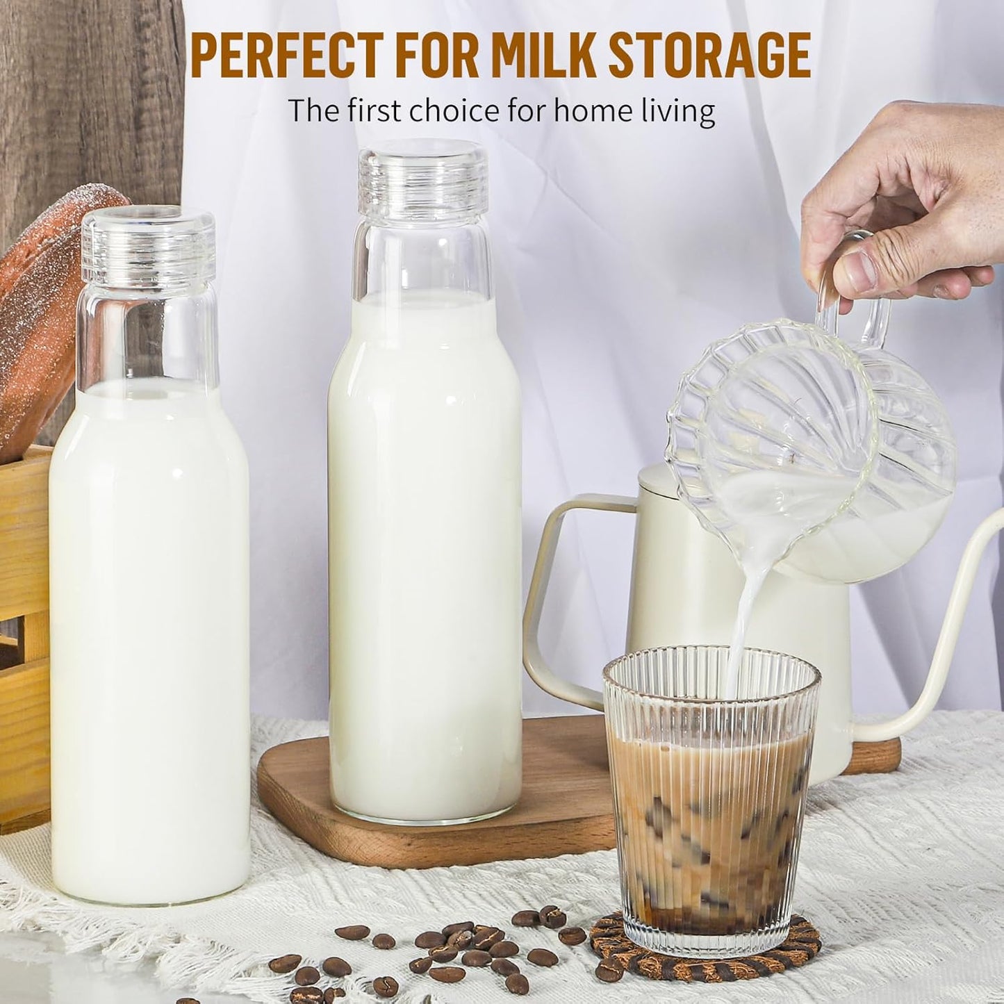 25 Oz Glass Bottles with Lids, Glass Juice Bottles, Smoothies, Water, Milks, Beverage Storage, Clear Glass Jars for Pickles, Food Storage (4 Pack)