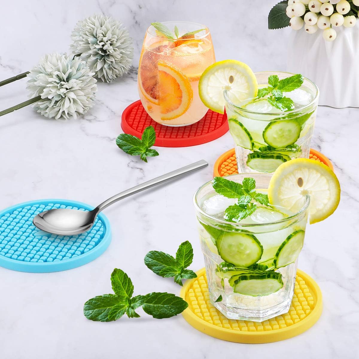 ME.FAN Silicone Coasters [6 Pack] Thickened Drink Coasters with Holder - Cup Mat - Non-Slip, Non-stick, Stay Put, Deep Tray - Prevents Furniture and Tabletop Damages(Teal Blue)