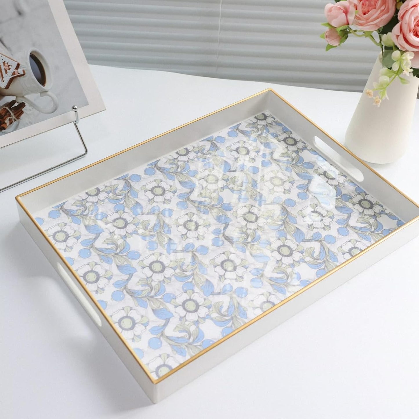 Rectangle Serving Tray with Handles, Coffee Table Tray for Ottoman, Organizer Vanity Tray for Living Room, Outdoor Tray for Patio Entertaining, Serving reakfast Kitchen Platter LEE3040BLH