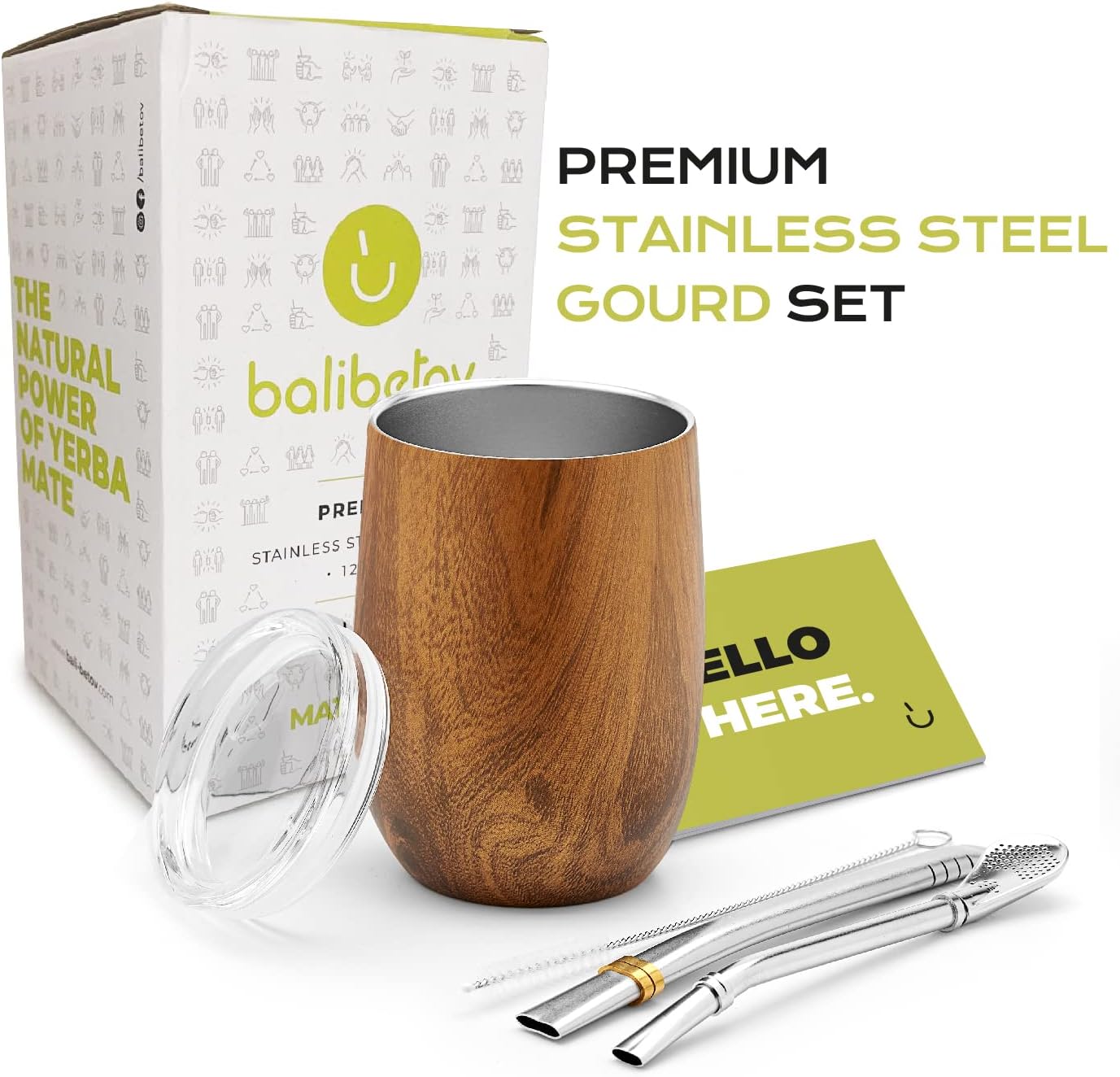 BALIBETOV Premium Stainless Steel Yerba Mate Gourd Set, 5 Pcs Including 12 oz Gourd with Lid, 2 Bombillas, Cleaning Brush | BPA Free, Insulated