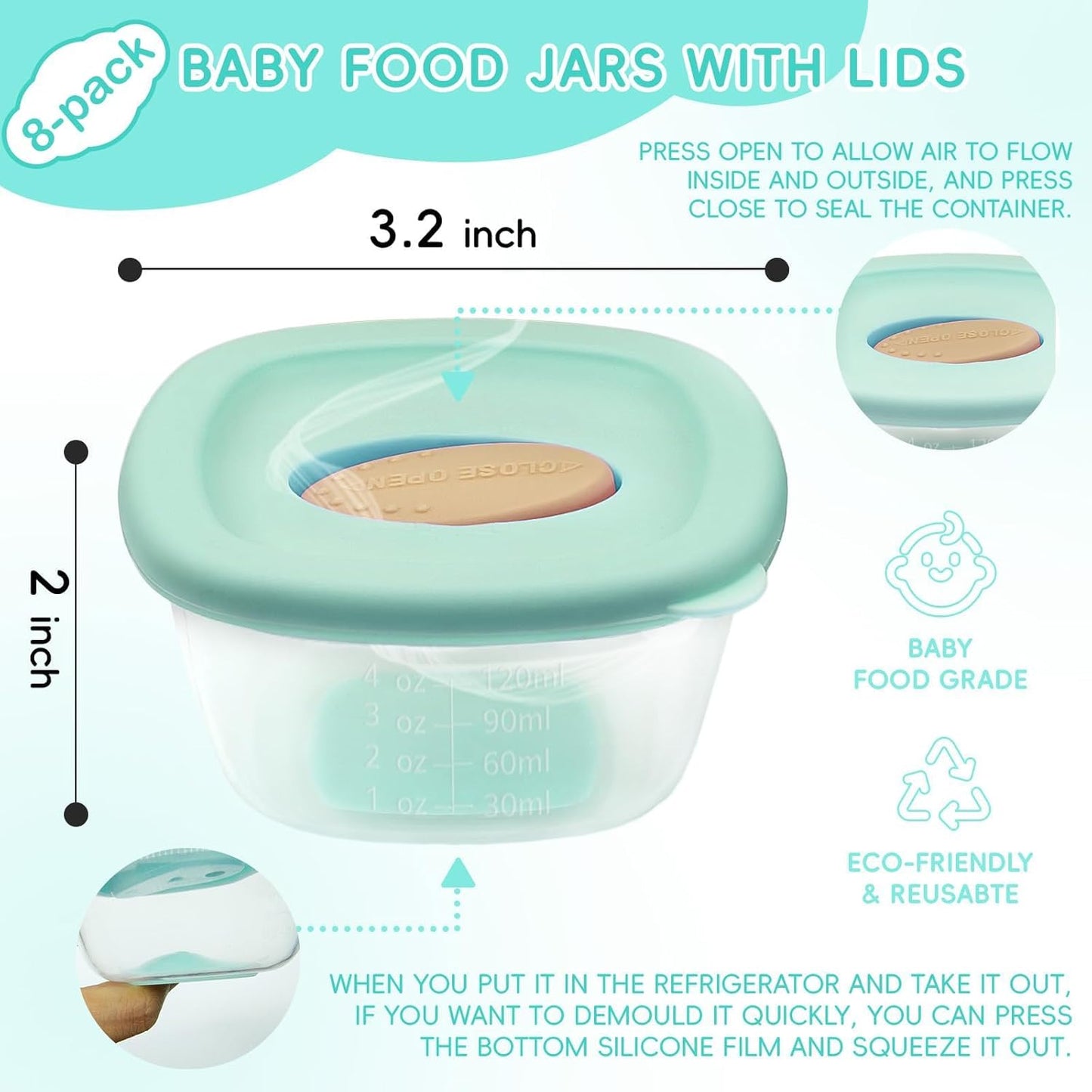 Leak-Proof Baby Food Storage Containers 8-Pack - 4oz BPA-Free Freezer & Microwave Safe Food Jars with Airtight Lids for Infants, Travel, Nurseries